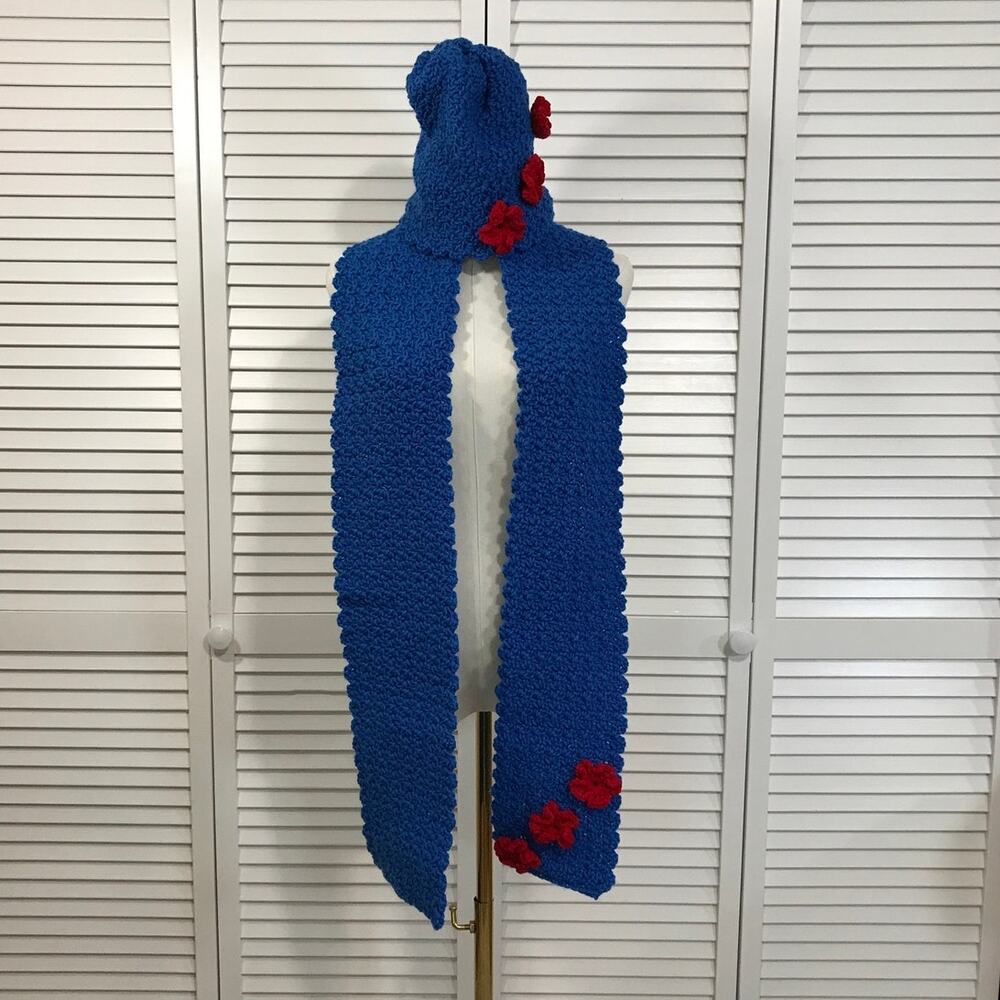 NWT Crochet Boho Cottage Royal Blue Beanie Scarf 72” Textured Winter Set